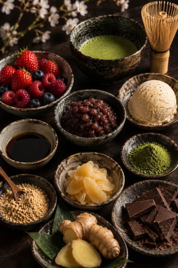 Sobremesa de encerramento do Omakase Haru: matcha, frutas vermelhas, anko, sorvete e chocolate
